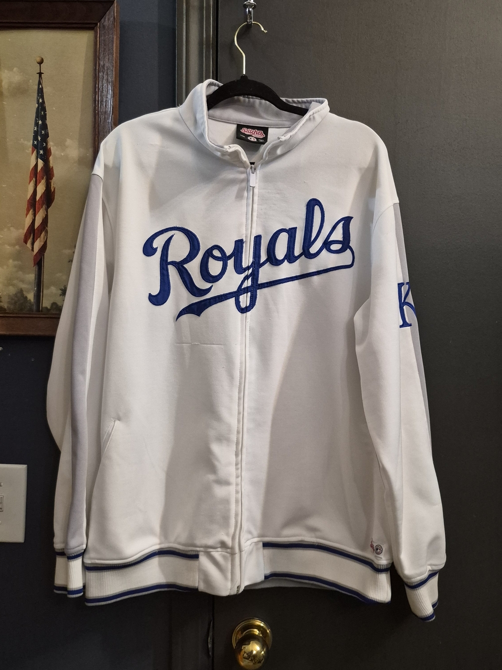 Stitches White Royals Full-Zip Jacket with Blue Script